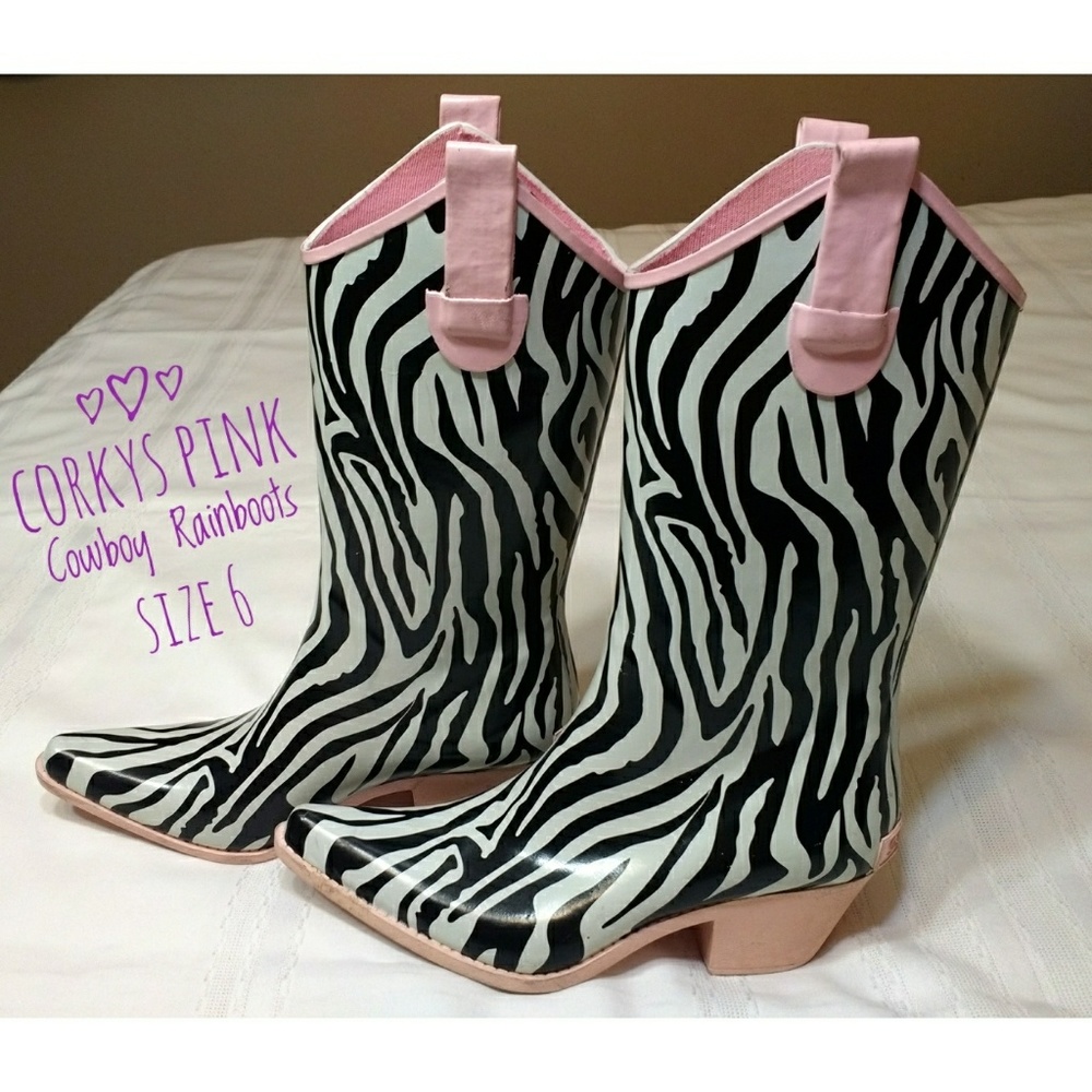 Corkys Women's Pink Cowboy Rainboots Zebra Size 6